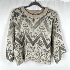 Free People Crop Sweater Top Western Print Ivory Tan Wool Blend Sz XS Oversized